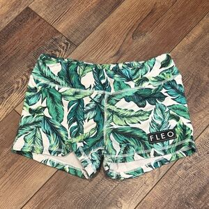 Fleo Women's Leaf Print Athletic Shorts - Green and White